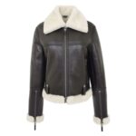 WeeBroz Women’s Brown White Leather Bomber Jacket Sheepskin Aviator Style - Image 4