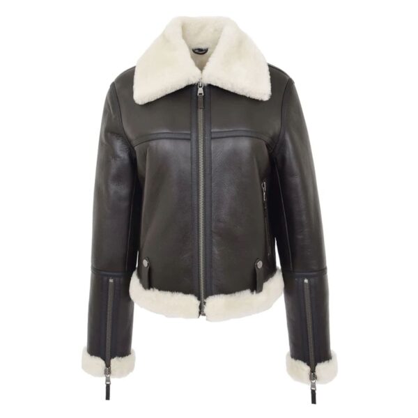 WeeBroz Women’s Brown White Leather Bomber Jacket Sheepskin Aviator Style - Image 4