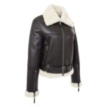 WeeBroz Women’s Brown White Leather Bomber Jacket Sheepskin Aviator Style - Image 5