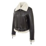WeeBroz Women’s Brown White Leather Bomber Jacket Sheepskin Aviator Style - Image 6