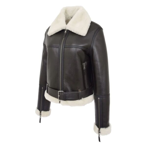 WeeBroz Women’s Brown White Leather Bomber Jacket Sheepskin Aviator Style - Image 6