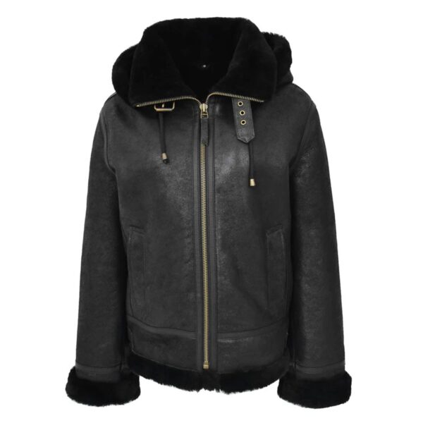 WeeBroz Women’s Black B3 Leather Bomber Jacket with Detachable Hoodie - Image 1