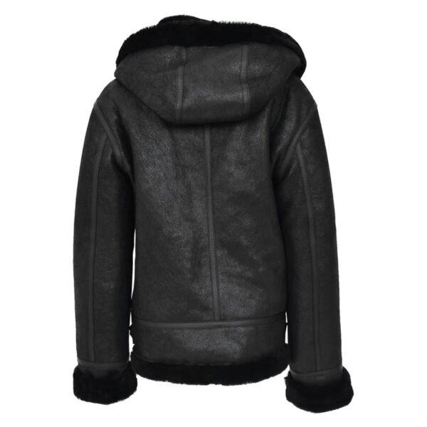 WeeBroz Women’s Black B3 Leather Bomber Jacket with Detachable Hoodie - Image 2