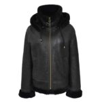 WeeBroz Women’s Black B3 Leather Bomber Jacket with Detachable Hoodie - Image 3