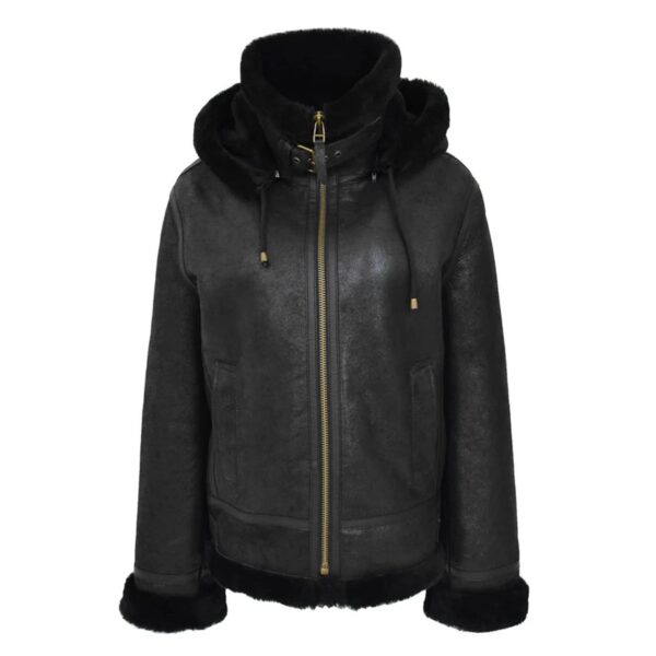 WeeBroz Women’s Black B3 Leather Bomber Jacket with Detachable Hoodie - Image 3