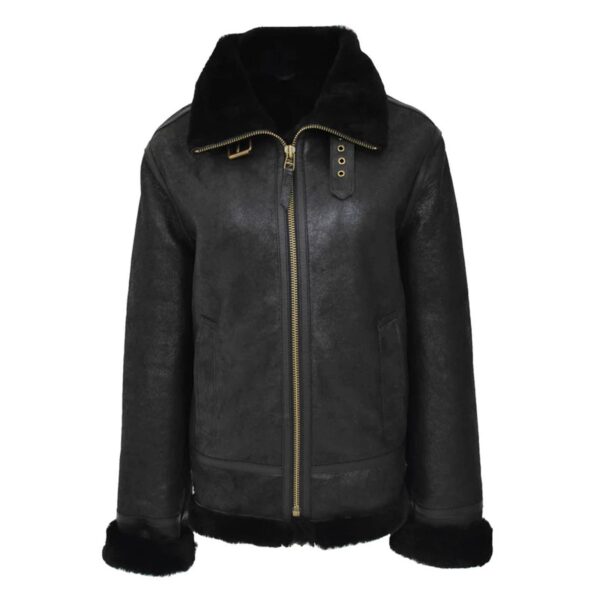 WeeBroz Women’s Black B3 Leather Bomber Jacket with Detachable Hoodie - Image 4