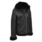 WeeBroz Women’s Black B3 Leather Bomber Jacket with Detachable Hoodie - Image 5