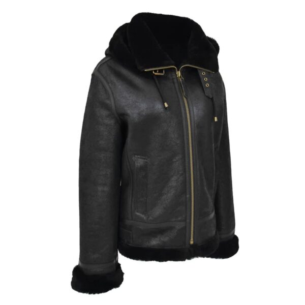 WeeBroz Women’s Black B3 Leather Bomber Jacket with Detachable Hoodie - Image 5