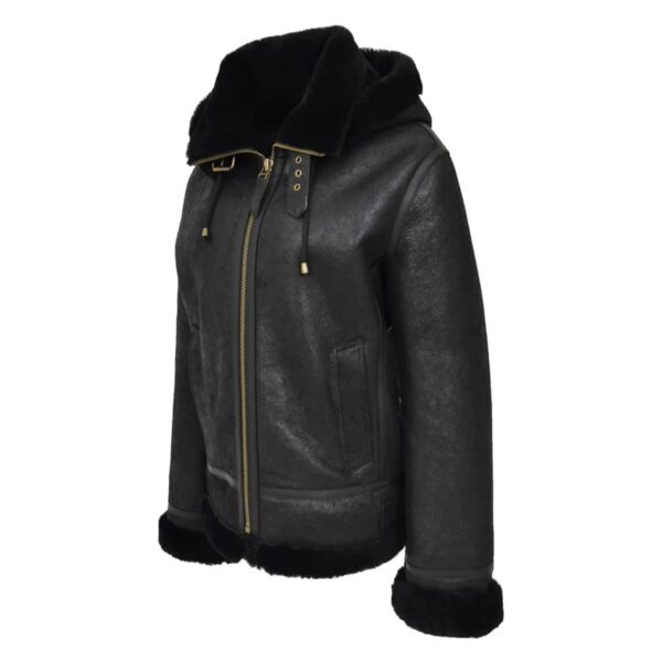 WeeBroz Women’s Black B3 Leather Bomber Jacket with Detachable Hoodie - Image 6