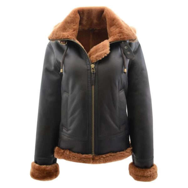 WeeBroz Women’s Brown B3 Leather Bomber Jacket with Detachable Hoodie - Image 1