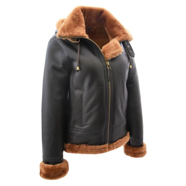 WeeBroz Women’s Brown B3 Leather Bomber Jacket with Detachable Hoodie - Image 4