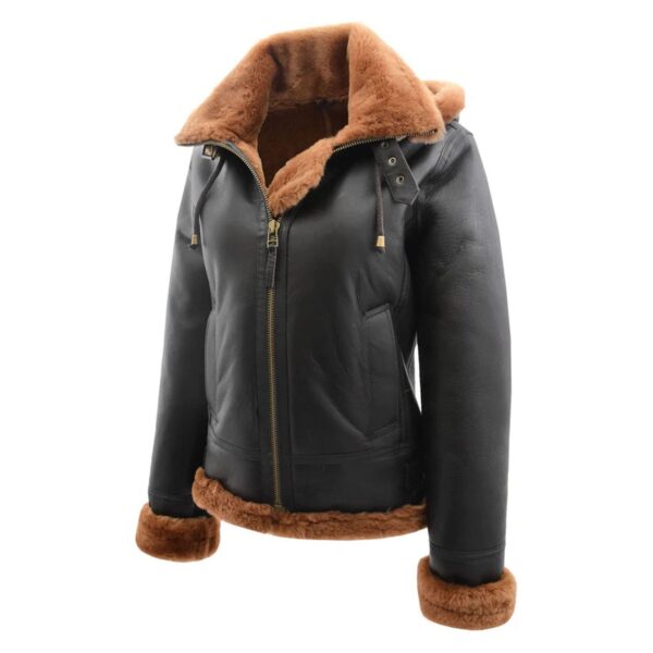 WeeBroz Women’s Brown B3 Leather Bomber Jacket with Detachable Hoodie - Image 5