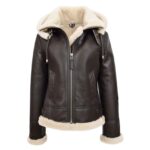 WeeBroz Women’s Brown White B3 Leather Bomber Jacket with Detachable Hoodie
