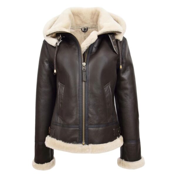 WeeBroz Women’s Brown White B3 Leather Bomber Jacket with Detachable Hoodie - Image 1
