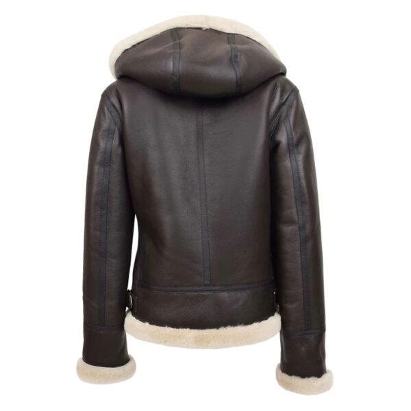WeeBroz Women’s Brown White B3 Leather Bomber Jacket with Detachable Hoodie - Image 2