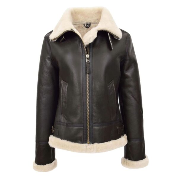 WeeBroz Women’s Brown White B3 Leather Bomber Jacket with Detachable Hoodie - Image 4