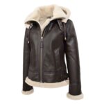 WeeBroz Women’s Brown White B3 Leather Bomber Jacket with Detachable Hoodie - Image 5