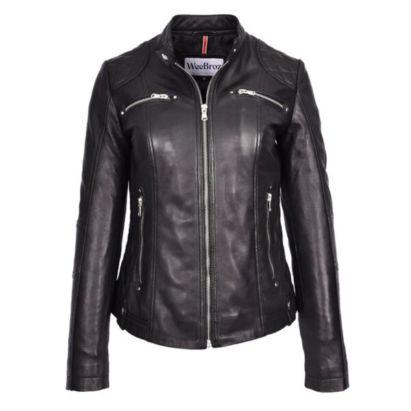 WeeBroz Women's Black Leather Biker Jacket Soft Quilted Casual Cafe Racer Style - Image 1