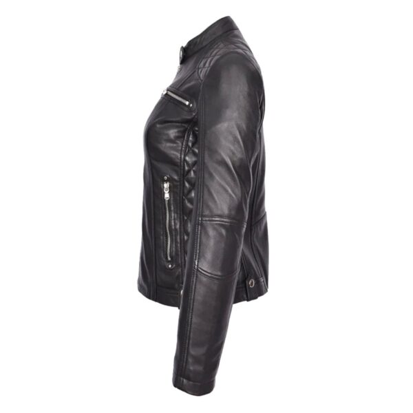 WeeBroz Women's Black Leather Biker Jacket Soft Quilted Casual Cafe Racer Style - Image 3