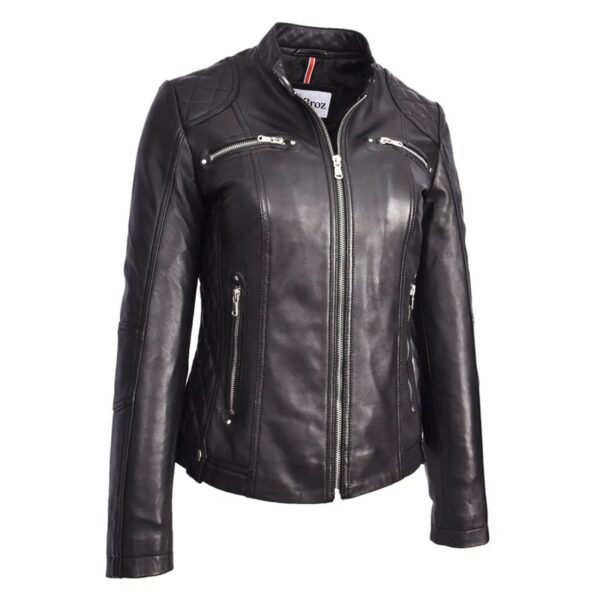 WeeBroz Women's Black Leather Biker Jacket Soft Quilted Casual Cafe Racer Style - Image 5