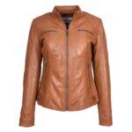 WeeBroz Women's Tan Leather Biker Jacket Soft Quilted Casual Cafe Racer Style