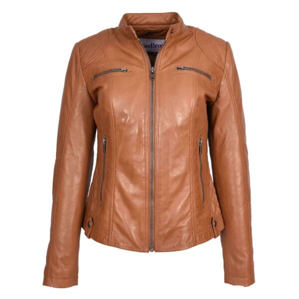 WeeBroz Women's Tan Leather Biker Jacket Soft Quilted Casual Cafe Racer Style - Image 1