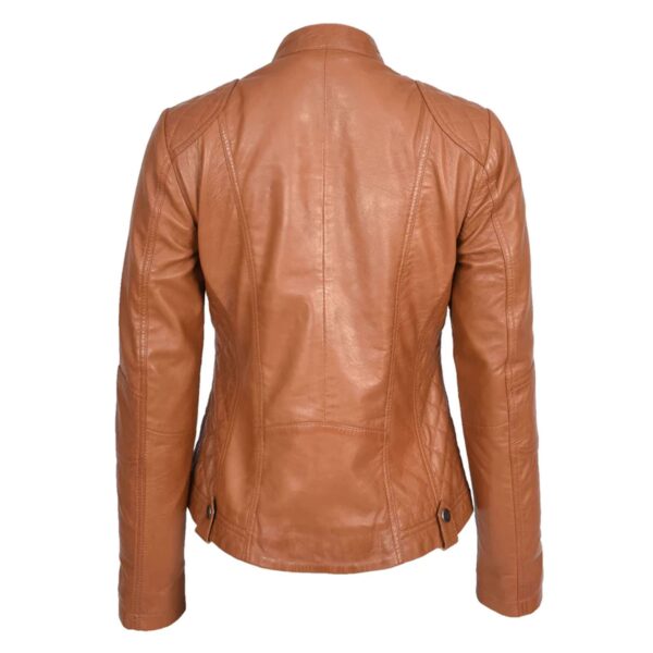WeeBroz Women's Tan Leather Biker Jacket Soft Quilted Casual Cafe Racer Style - Image 2