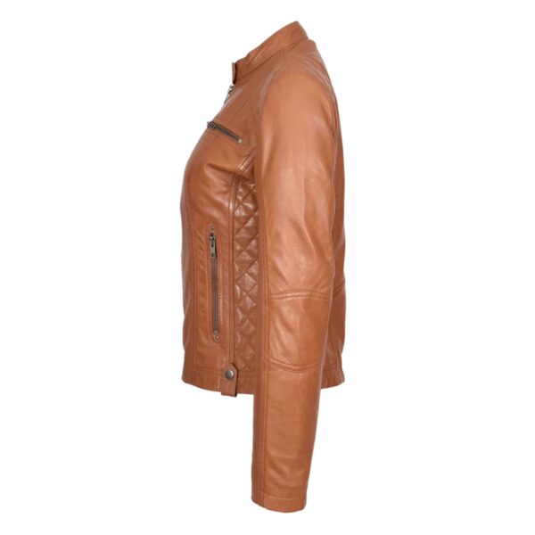 WeeBroz Women's Tan Leather Biker Jacket Soft Quilted Casual Cafe Racer Style - Image 3