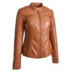 WeeBroz Women's Tan Leather Biker Jacket Soft Quilted Casual Cafe Racer Style - Image 4