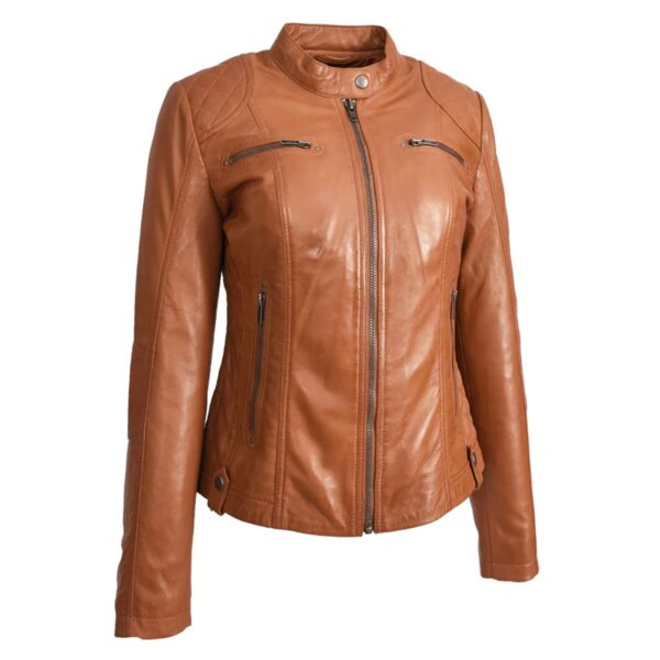 WeeBroz Women's Tan Leather Biker Jacket Soft Quilted Casual Cafe Racer Style - Image 4