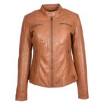 WeeBroz Women's Tan Leather Biker Jacket Soft Quilted Casual Cafe Racer Style - Image 5