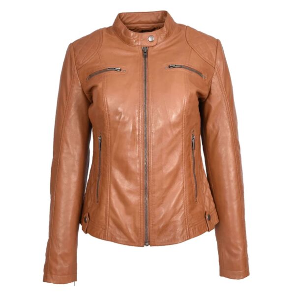 WeeBroz Women's Tan Leather Biker Jacket Soft Quilted Casual Cafe Racer Style - Image 5