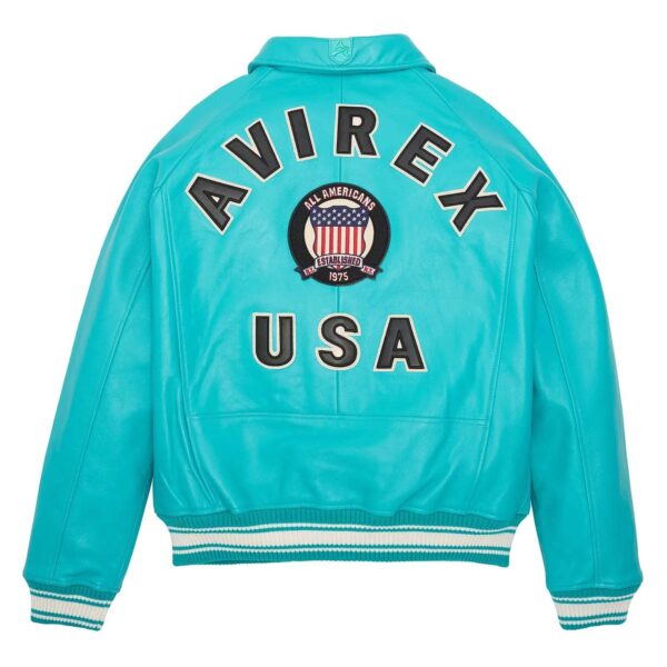 Handcrafted Men's Avirex Leather Jacket Turquoise Leather Bomber Jacket Iconic Style - Image 2