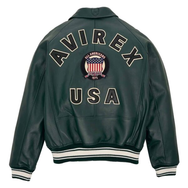 Best Seller Men's Iconic Avirex Leather Jacket Dark Green Leather Bomber Jacket Aviator Style - Image 2