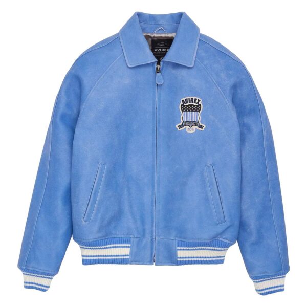 Top Quality Men's Avirex Leather Jacket Denim Blue Leather Bomber Jacket Iconic Style - Image 1