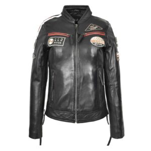 WeeBroz Women's Black Leather Biker Jacket Motorcycle Badges Cafe Racer Style