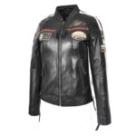 WeeBroz Women's Black Leather Biker Jacket Motorcycle Badges Cafe Racer Style - Image 4