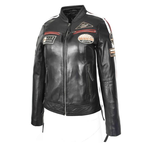WeeBroz Women's Black Leather Biker Jacket Motorcycle Badges Cafe Racer Style - Image 4