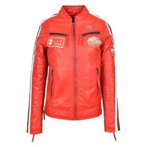 WeeBroz Women's Red Leather Biker Jacket Motorcycle Badges Cafe Racer Style