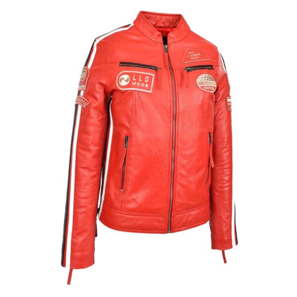 WeeBroz Women's Red Leather Biker Jacket Motorcycle Badges Cafe Racer Style - Image 3