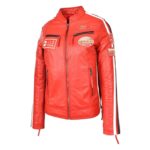WeeBroz Women's Red Leather Biker Jacket Motorcycle Badges Cafe Racer Style - Image 4