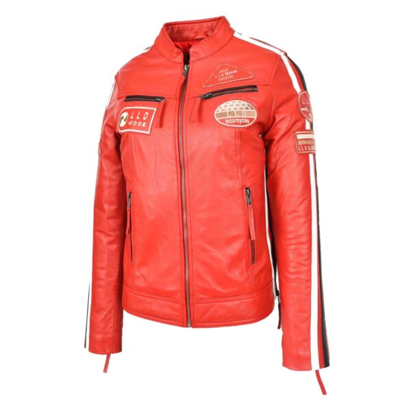 WeeBroz Women's Red Leather Biker Jacket Motorcycle Badges Cafe Racer Style - Image 4