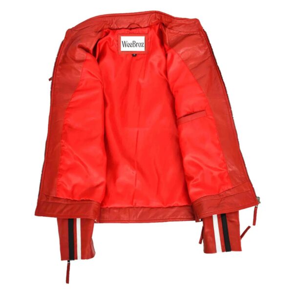 WeeBroz Women's Red Leather Biker Jacket Motorcycle Badges Cafe Racer Style - Image 6