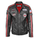 WeeBroz Men's Black Leather Biker Jacket Motorsports Logos Style