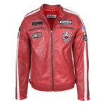 WeeBroz Men's Red Leather Biker Jacket Motorsports Logos Style