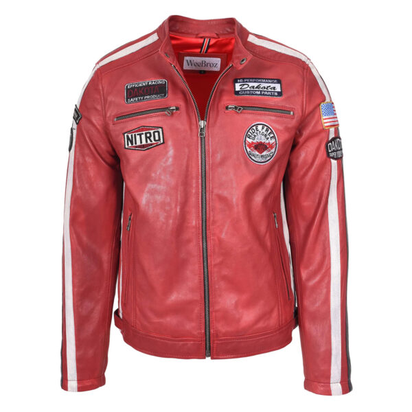 WeeBroz Men's Red Leather Biker Jacket Motorsports Logos Style - Image 1