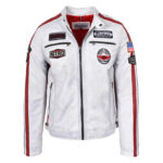 WeeBroz Men's Vintage White Leather Biker Jacket Motorsports Logos Style