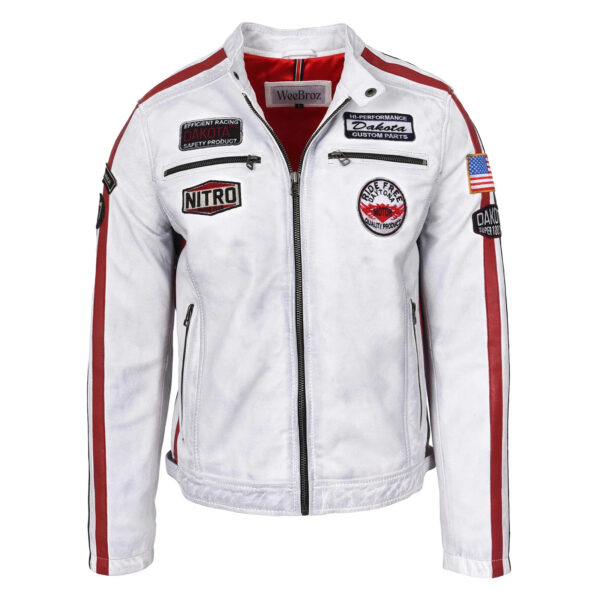 WeeBroz Men's Vintage White Leather Biker Jacket Motorsports Logos Style - Image 1