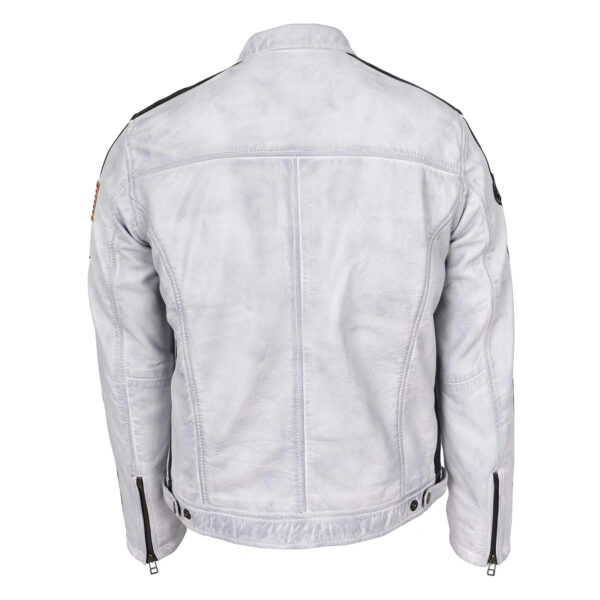 WeeBroz Men's Vintage White Leather Biker Jacket Motorsports Logos Style - Image 2