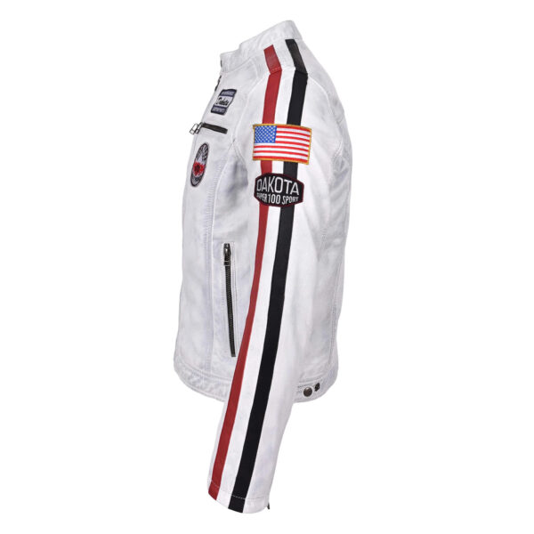 WeeBroz Men's Vintage White Leather Biker Jacket Motorsports Logos Style - Image 3